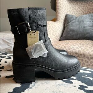 ALDO Women's Black Motorcycle Leather Ankle Boots with Faux Fur Inside